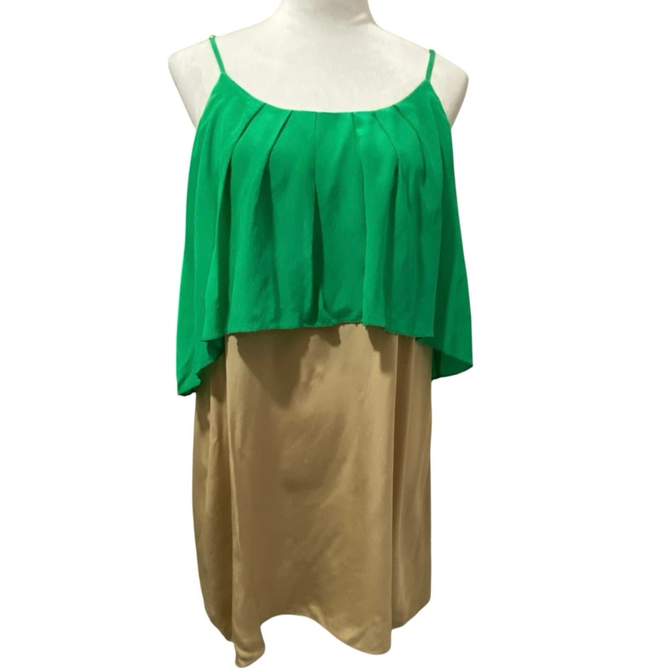 Greylin Melinda Dress Size Large Green And Tan Silk Colorblock Strappy Sundress